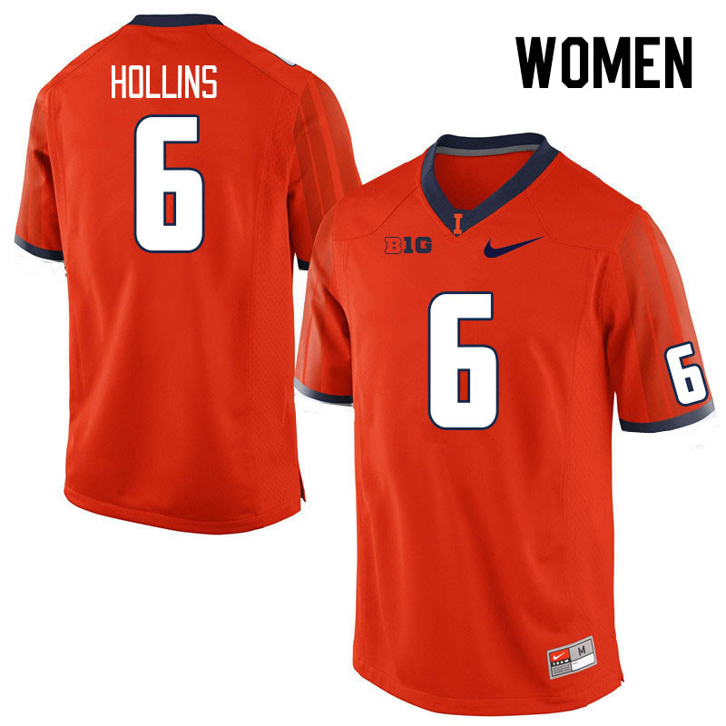 Women #6 Ashton Hollins Illinois Fighting Illini College Football Jerseys Stitched Sale-Orange